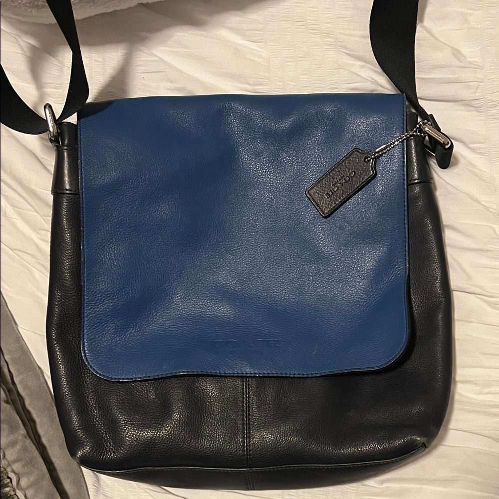 Coach Unisex Leather Messenger Bag in Black and Blue